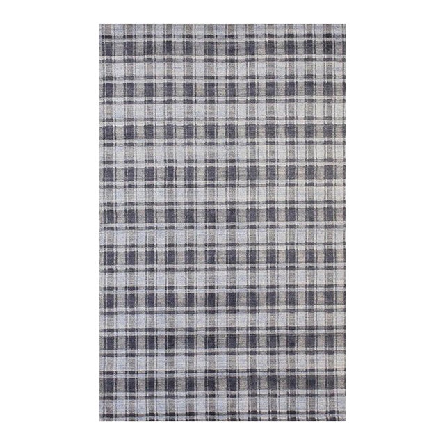Blue Gray Plaid Hand-Knotted Bamboo Silk Rug 5x8 For Sale