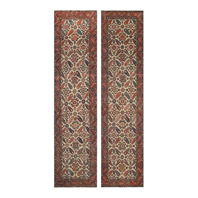 1880s Ivory Field Geometric Tribal Pair of n.w. Bakshaiesh Runner Carpets Rug For Sale