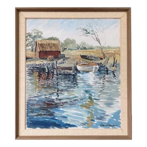 1971 Mid-Century Modern "Boathouse", Vintage Swedish Framed Oil Painting