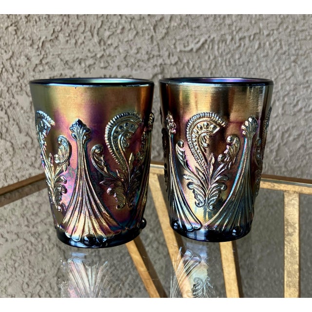1960s Circa 1969 St. Clair Glass Inverted Fan & Feather Carnival Reproduction Iridescent Glass Tumblers – A Pair For Sale - Image 5 of 18