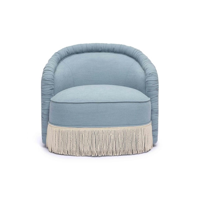 Boho Chic Pamela Faded Blue Recycled Fabric Tassel Lounge Chair For Sale - Image 3 of 7