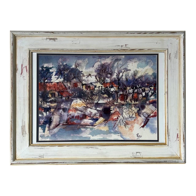 1980's Ronald Smith "Country Scene " Abstract Composition Watercolor Painting For Sale