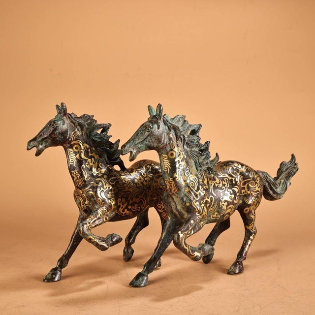 Art Deco Pair of Vintage Bronze Galloping Horses – Gold Inlaid Horse Statues, 2.2 LBS For Sale - Image 3 of 10