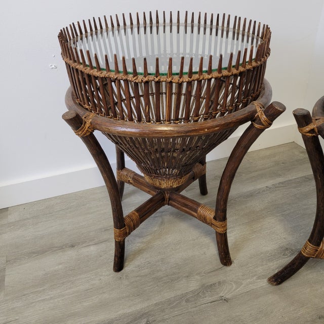 Wood Pair Mid-Century McGuire Style Rattan End Tables With Spiked Gallery Rims For Sale - Image 7 of 12