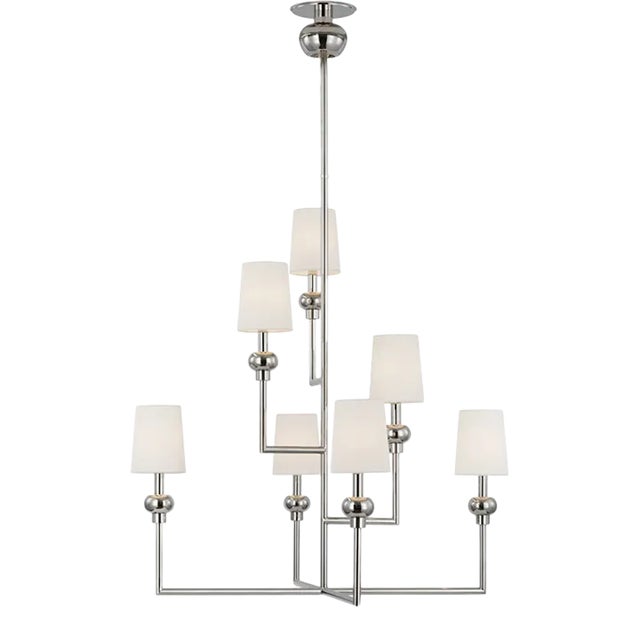 Paloma Contreras for Visual Comfort Signature Comtesse XL Offset Chandelier in Polished Nickel with Linen Shades For Sale