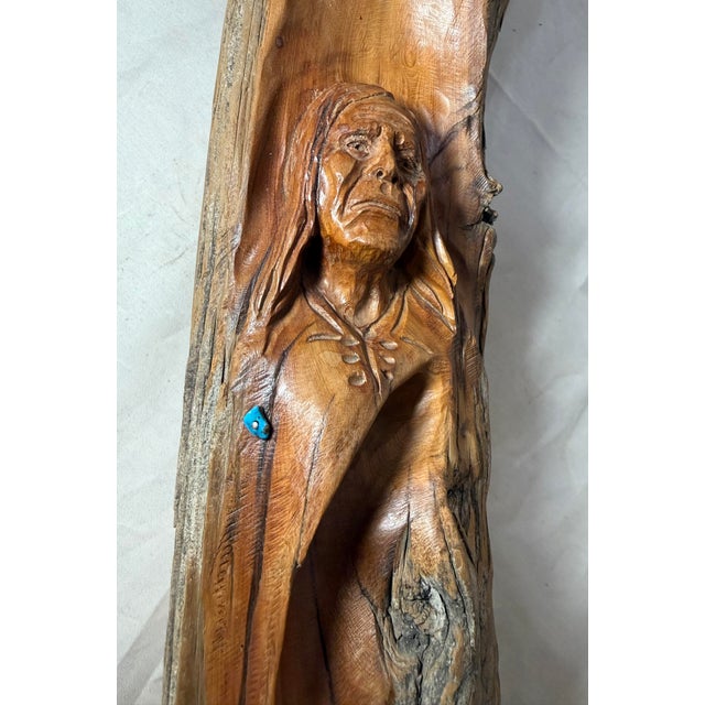Vintage 75' Hand Carved Native American Indian Drift Wood Stone Wall Sculpture For Sale In New York - Image 6 of 13
