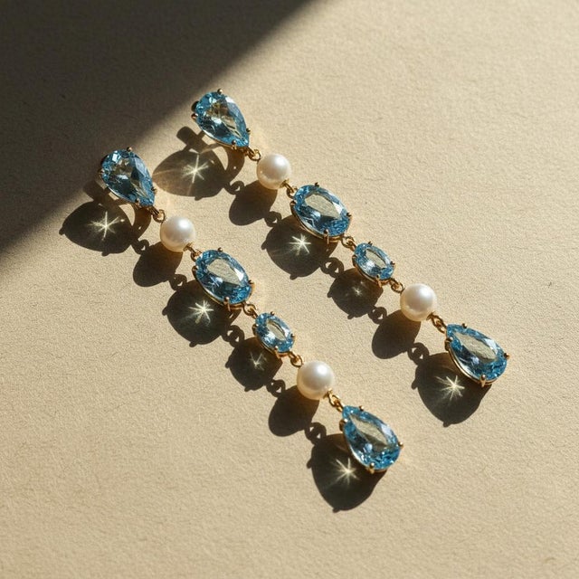 Blue Topaz & Pearl Drop Multi-Shape Earrings, Silver, Gold, Pair For Sale - Image 8 of 9