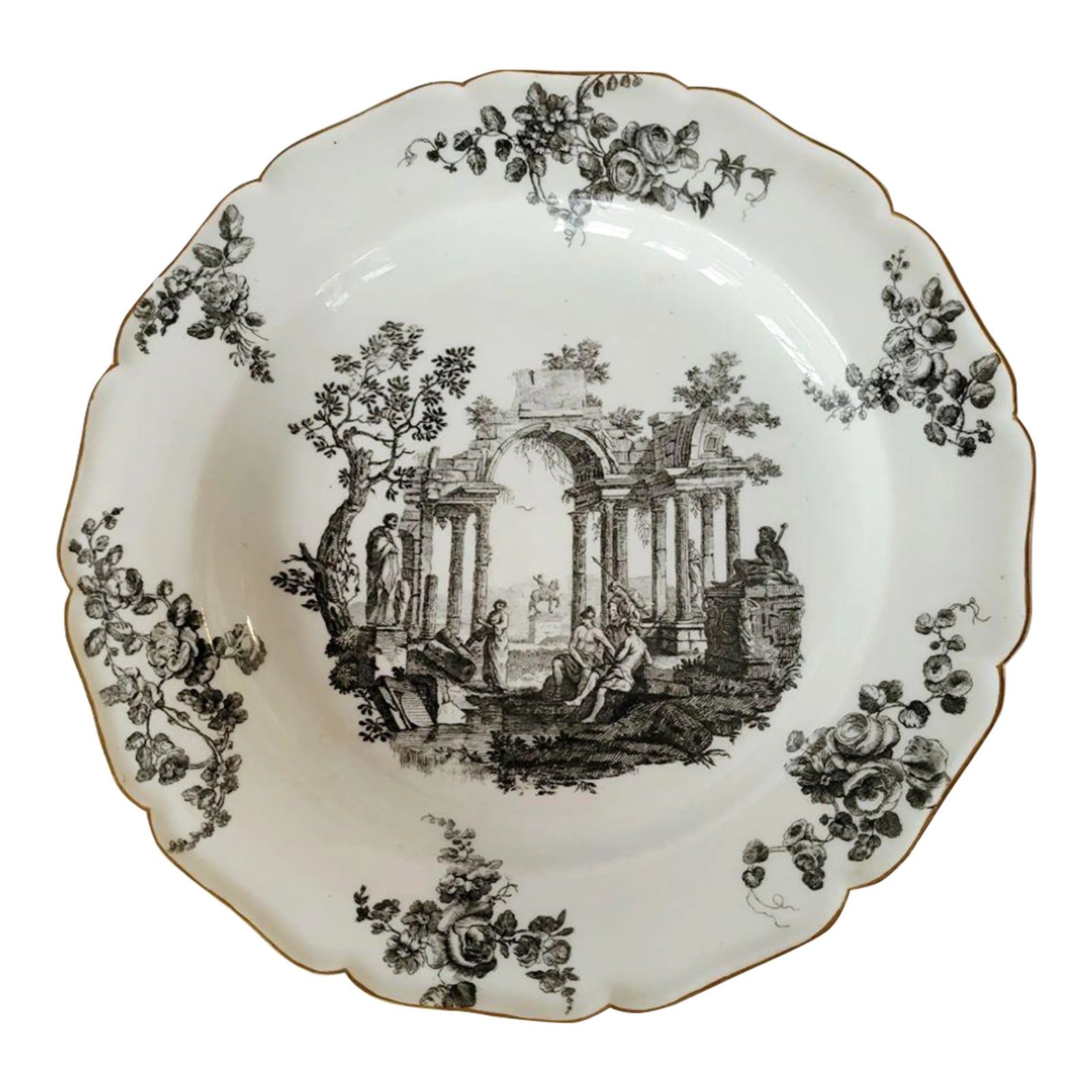 18th C Worchester Black Transfer Plate Classical Landscape | Chairish