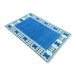 Not Yet Made - Made To Order Handmade Cotton Natural Vegetable Dyed Reversible Indigo Blue Cream and Green Leaf Pattern Rug Dhurrie - 9'x12' For Sale