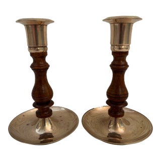 Vintage Pair of Mahogany and Brass Candle Stick Holders For Sale