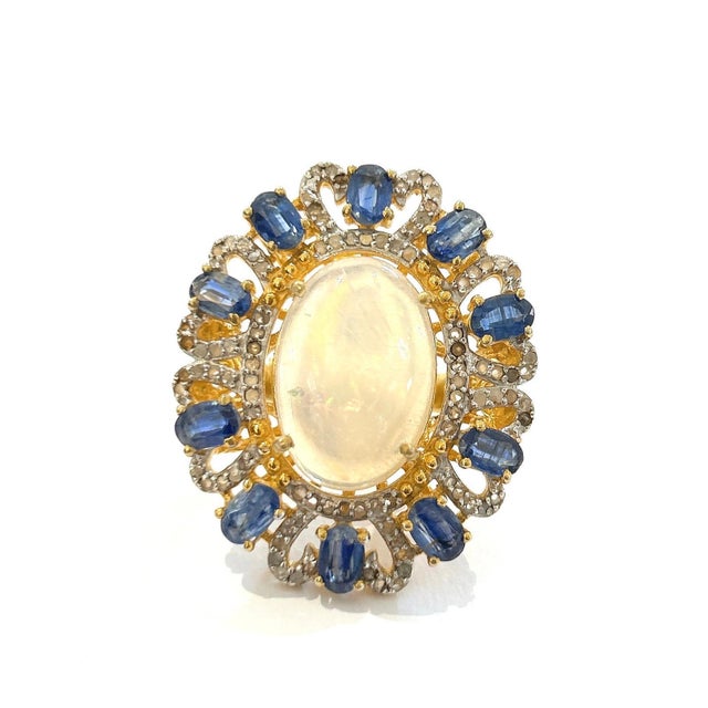 Bochic "Orient" Vintage Sapphire, Diamonds & Multi Gem Cocktail Ring Set 18K & Silver Natural Moonstone - 7.50 carats...