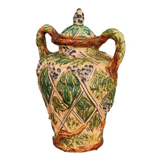 Mid 20th Century Hand Thrown and Signed Ceramic Pottery Majolica Lidded Urn Jar With Grape Design Decor For Sale