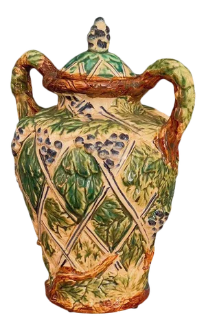 Mid 20th Century Hand Thrown and Signed Ceramic Pottery Majolica Lidded Urn Jar With Grape Design Decor