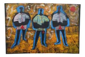 Mid 20th Century Three Blue Men Oil Painting on Canvas