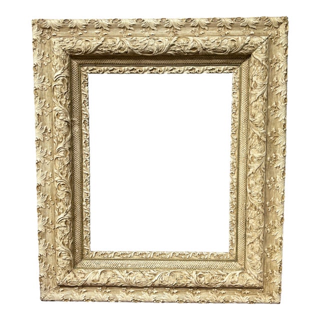 Antique Gesso & Wood Picture Frame With Floral Relief Decoration – 26.5” X 30.5” For Sale