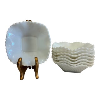 Vintage Milk Glass Ruffled Bowls With Quilted Diamond Pattern, Set of 8 For Sale