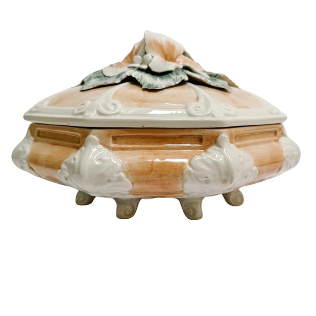 1980s Italian Porcelain Pink Hibiscus Covered Decorative Bowl For Sale - Image 4 of 9
