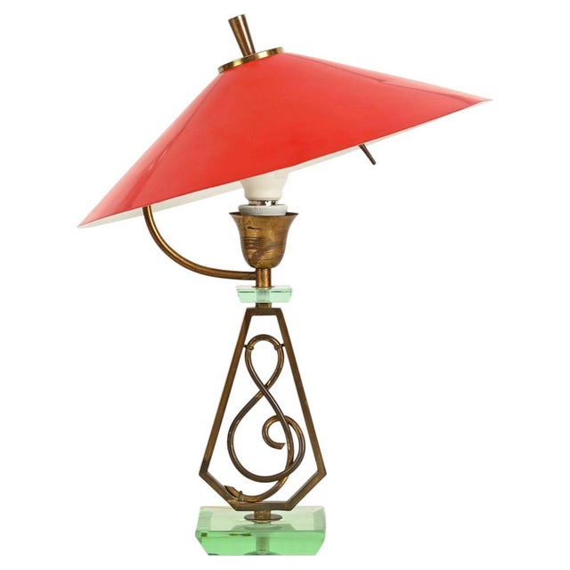 Adjustable Table Lamp in Red Metal, Brass and Green Glass from Stilnovo, Italy, 1950s For Sale - Image 17 of 17