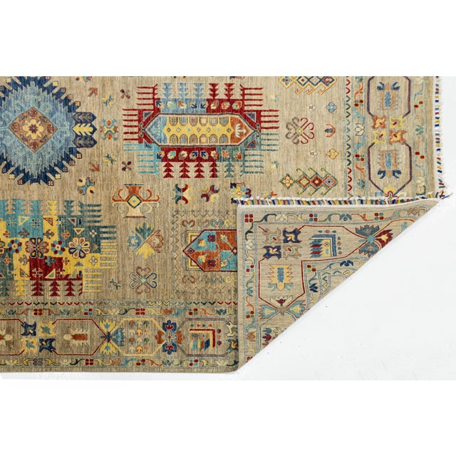 Tribal Kazak Style Hand-Knotted Wool Rug – Neutral Beige & Vibrant Multi-Color Tribal For Sale - Image 3 of 10