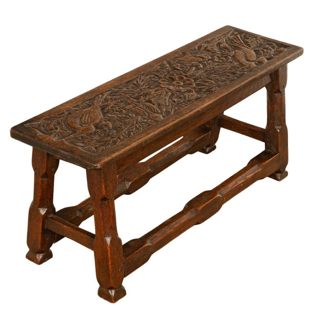 Antique English Carved Oak Arts & Crafts Hall Bench Seat 'Birds in a Tree' 1900 For Sale - Image 12 of 14