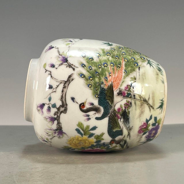 Late 20th Century Vintage Famille Rose Porcelain Tea Jar With Lid – Peacock, Peony & Magnolia Motif For Sale - Image 5 of 9