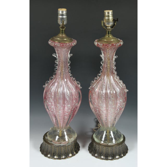 Italian 1950s Italian Pink Murano Glass Table Lamps - a Pair For Sale - Image 3 of 5