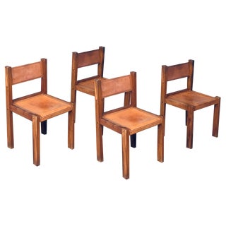 Elm & Cognac Leather Dining Room Chairs Set in the style of Pierre Chapo, Italy, 1960s, Set of 4 For Sale