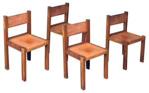 Elm & Cognac Leather Dining Room Chairs Set in the style of Pierre Chapo, Italy, 1960s, Set of 4