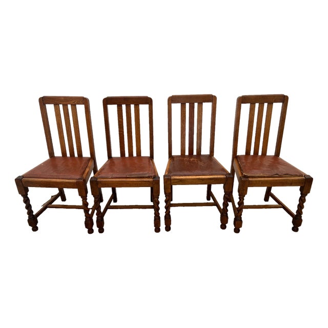 Antique Chairs Set of Four, Barley Twist Legs, Solid Oak, Brown Vinyl Seats For Sale