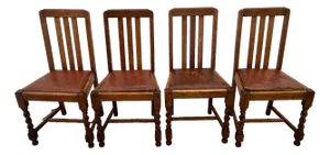Antique Chairs Set of Four, Barley Twist Legs, Solid Oak, Brown Vinyl Seats