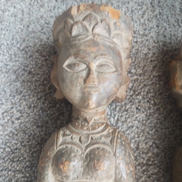 Pair, Vintage Antique Hand-Carved Wood Female Figures Temple Statue Sculpture 15" For Sale - Image 11 of 15