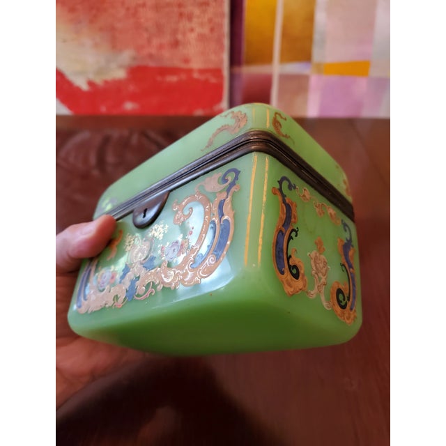 Glass Mid 19th Century Antique Museum Quality Jade Color Opaline Jewelry Box Casket For Sale - Image 7 of 9