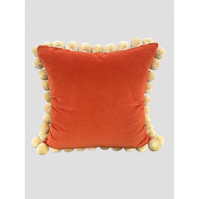 2020s Orange Velvet Ivory Large Pom Pom Throw Pillow Pair For Sale - Image 5 of 6