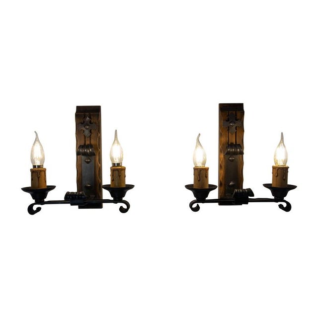 French Double Sconces in Pine and Wrought Iron, 1960, Set of 2 For Sale - Image 13 of 13