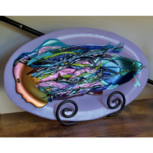 Christie Moody Blue Heron Glass Iridescent Fused Glass Mermaid & Fish Bowl, 1990s For Sale - Image 6 of 6