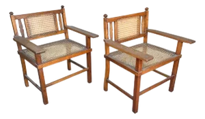 Early 20th Century Antique British Colonial Pair of Wood and Caned Chairs
