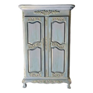 Gorgeous Whimsical and Romantic Blue Vintage French Provincial Armoire Custom Hand Painted. For Sale