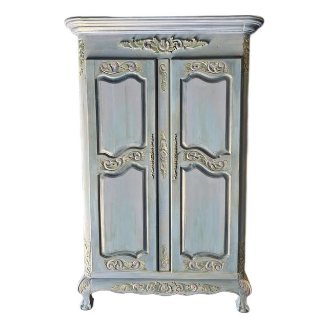 Gorgeous Whimsical and Romantic Blue Vintage French Provincial Armoire Custom Hand Painted. For Sale