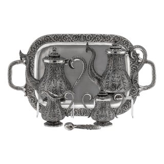 Thai Silver Tea Service on Tray, 1950s, Set of 6 For Sale