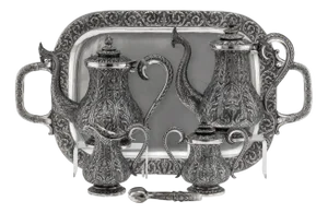 Thai Silver Tea Service on Tray, 1950s, Set of 6