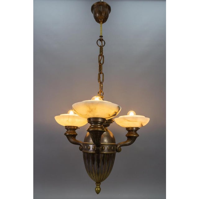 Art Deco Alabaster and Brass 3-Light Chandelier, 1930s For Sale - Image 3 of 18