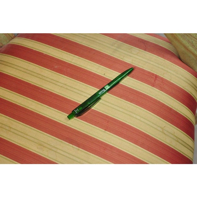 Wood Vtg French Louis XV Style Green & Pink Painted Arm Chair Fauteuil Striped Fabric For Sale - Image 7 of 13