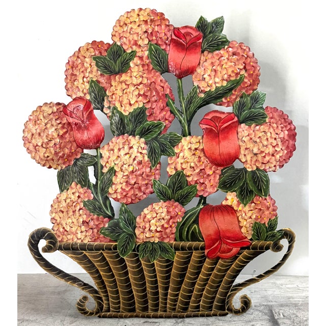French Tole-Painted Floral Dummy Board – Basket of Tulips & Hydrangeas, 20th C. For Sale - Image 4 of 11