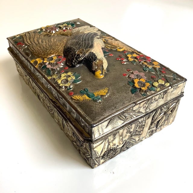 Art Nouveau 1960s Stunning Japan Ornate Eagle Cast Metal Trinket Box W/Hinged Lid Colored Repousse For Sale - Image 3 of 10