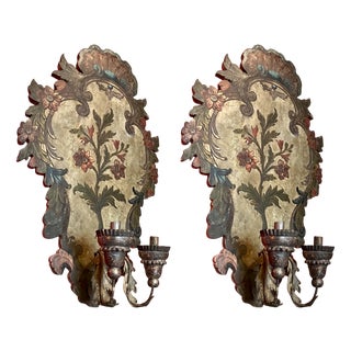 18th Century Rococo Venetian Polychrome and Mecca Lacquered Wooden Wall Sconces with Iron Arms, Set of 2 For Sale