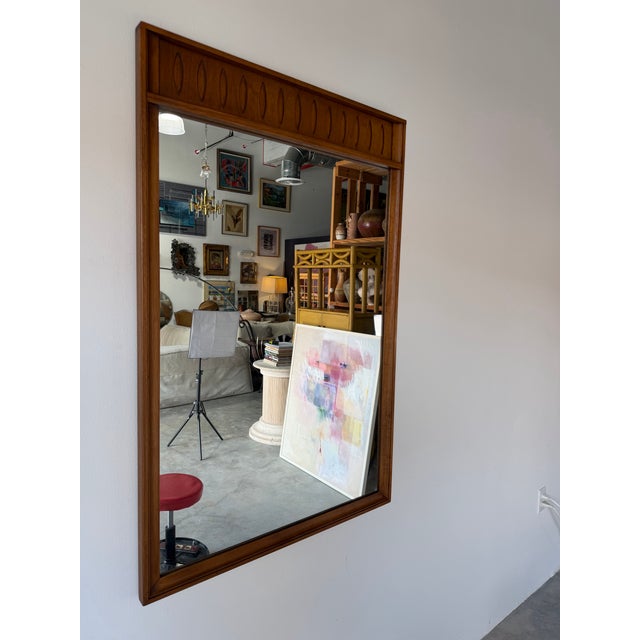 1970s Mid-Century Modern Walnut Wall Mirror With Carved Geometric Details For Sale - Image 12 of 13