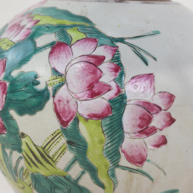 Vintage Famille Rose Porcelain Vase Lamp With Pink Lotus Blossom and Water Lily Motif For Sale - Image 13 of 14