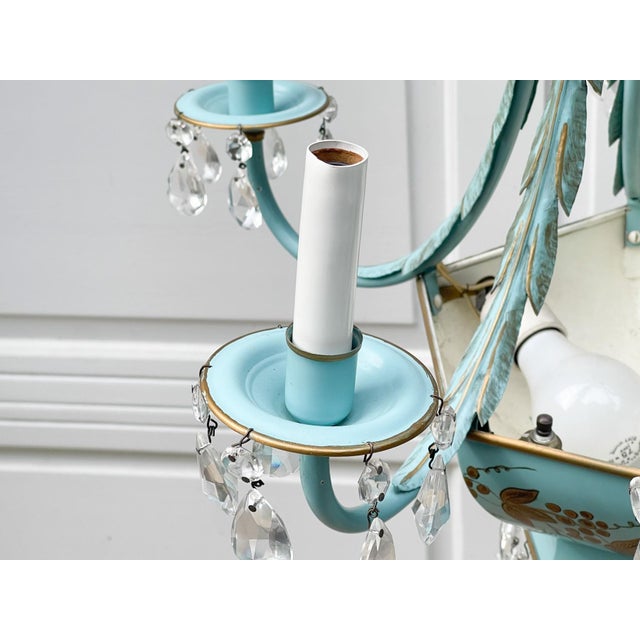 Mid 20th Century Vintage French Tiffany Blue and Gold Gilt Tole Metal Chandelier With Clear Crystals For Sale - Image 5 of 11