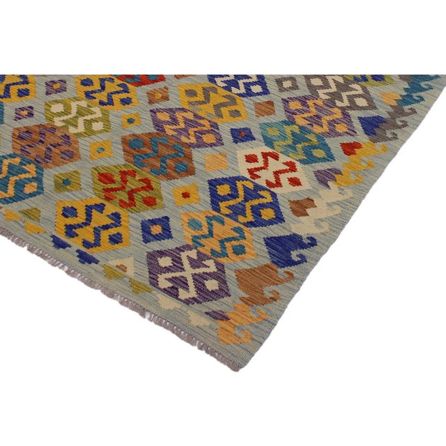 Contemporary Bohemian Tribal Kilim Hand-Woven Wool Rug - 5′3″ × 6′5″ For Sale - Image 3 of 8