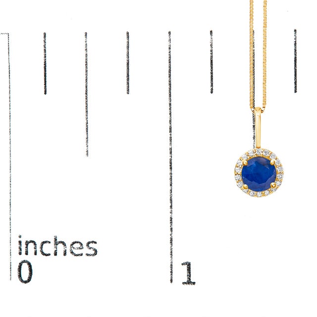 Early 21st Century 10K Yellow Gold Blue Sapphire and 1/10 Cttw Diamond Accent Halo Pendant Necklace For Sale - Image 5 of 5